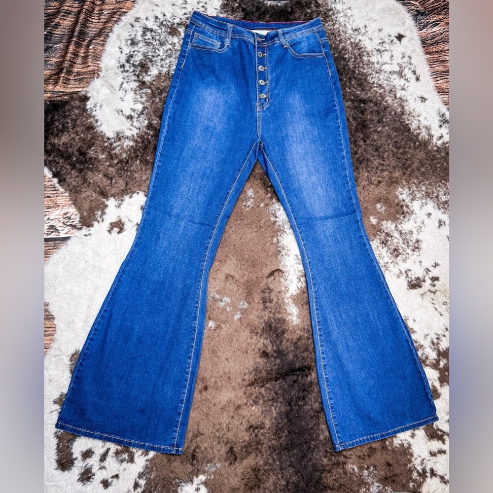 High-Rise Button-Fly Women's Flared Jeans - Blue